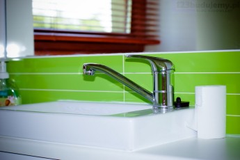 zielona łazienka białe ściany, białe sufity, ciemna podłoga