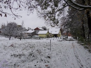 Widok z alejki na zaśnieżoną działkę