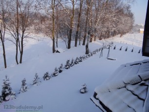Widok z okna na ośnieżoną działkę