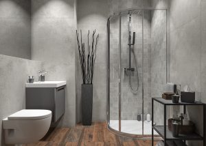 Beton w łazience w aranżacji kolekcji Opoczno Grand Wood Quenos